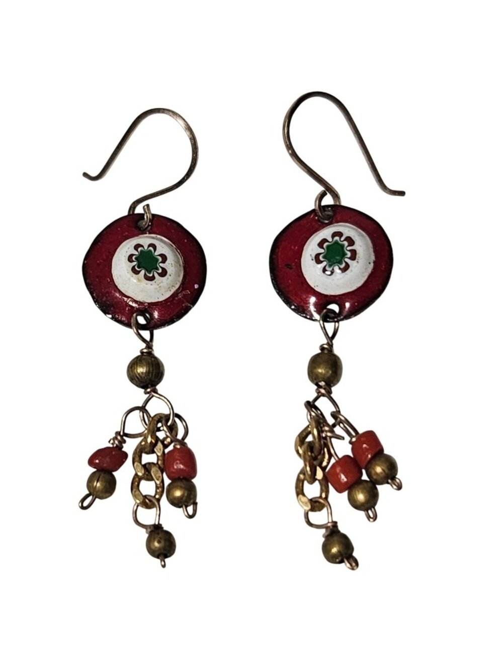 Vintage Beaded Drop Earrings Four Leaf Clover Boho Red Gold Enamel Jewelry Women